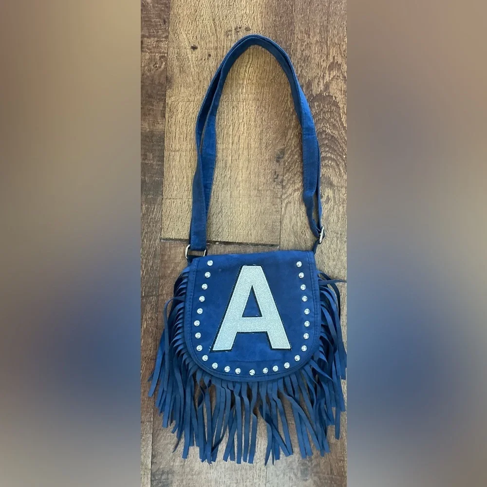 Justice girls faux suede purse with fringe sparkly A initial